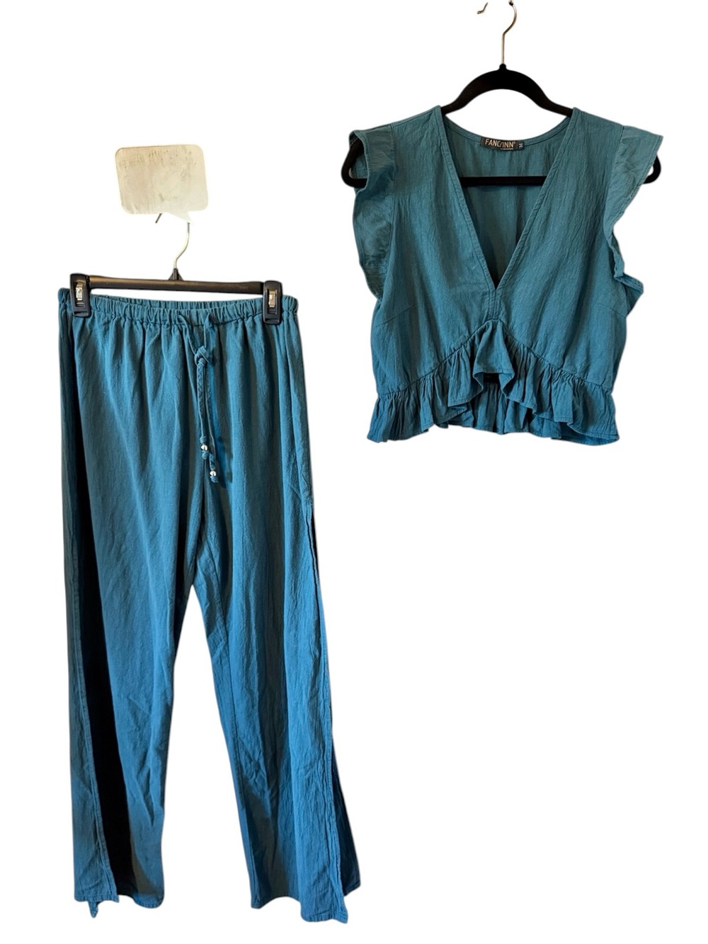 FANCYINN Teal 2 Piece Crop Top Wide Leg Side Slit Pants Set Medium